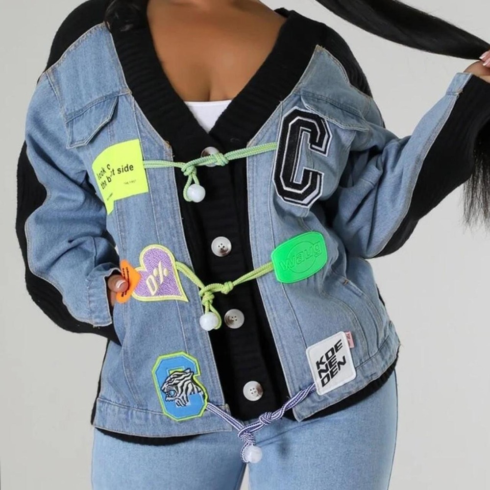 Blue Denim & Black Knit Patchwork Cardigan Jacket Streetwear Punk Grunge Size XL